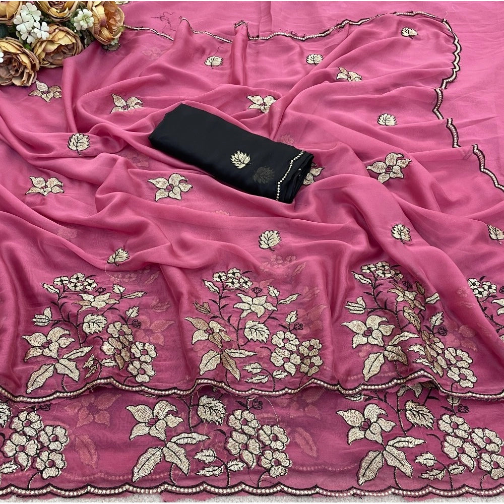 Women's Viscose Silk Embroidered Saree With Unstitched Blouse 5.5 Mtr (Pink)
