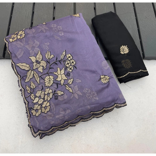 Women's Viscose Silk Embroidered Saree With Unstitched Blouse 5.5m (Purple)