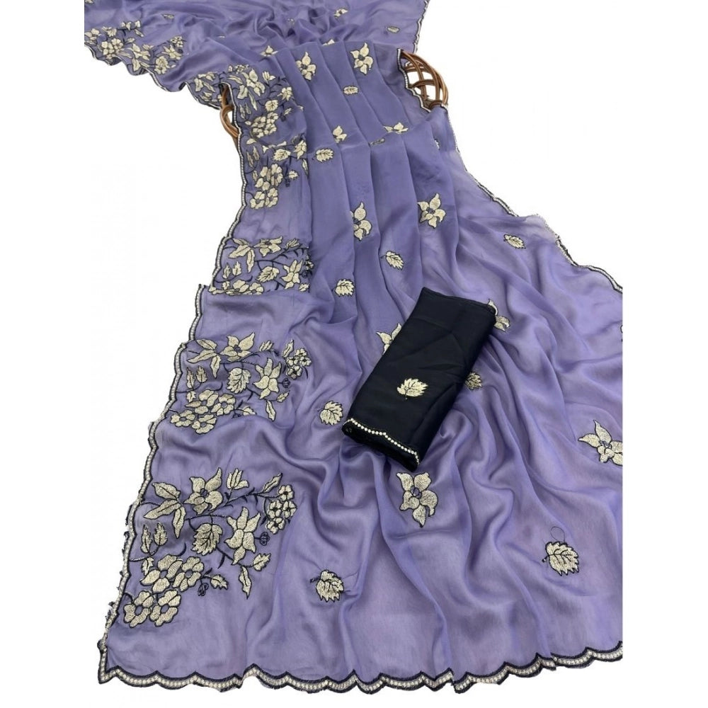 Women's Viscose Silk Embroidered Saree With Unstitched Blouse 5.5 Mtr (Purple)