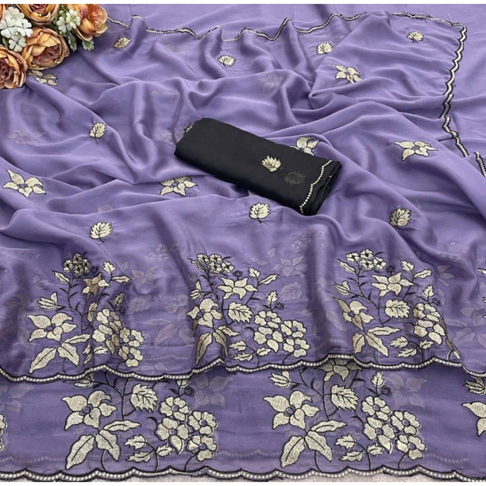 Women's Viscose Silk Embroidered Saree With Unstitched Blouse 5.5 Mtr (Purple)