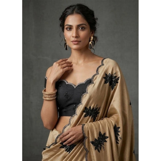 Women's Viscose Silk Embroidered Saree With Unstitched Blouse 5.5m (Beige)