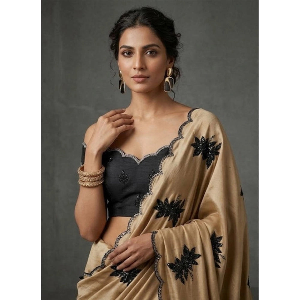 Women's Viscose Silk Embroidered Saree With Unstitched Blouse 5.5 Mtr (Beige)