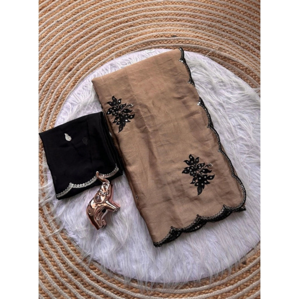 Women's Viscose Silk Embroidered Saree With Unstitched Blouse 5.5 Mtr (Beige)