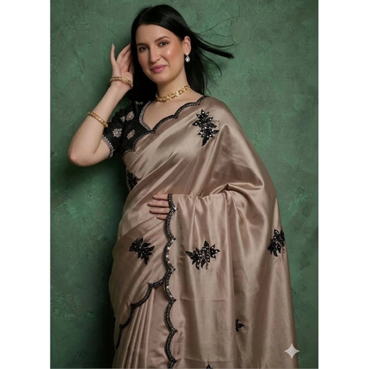 Women's Viscose Silk Embroidered Saree With Unstitched Blouse 5.5m (Beige)