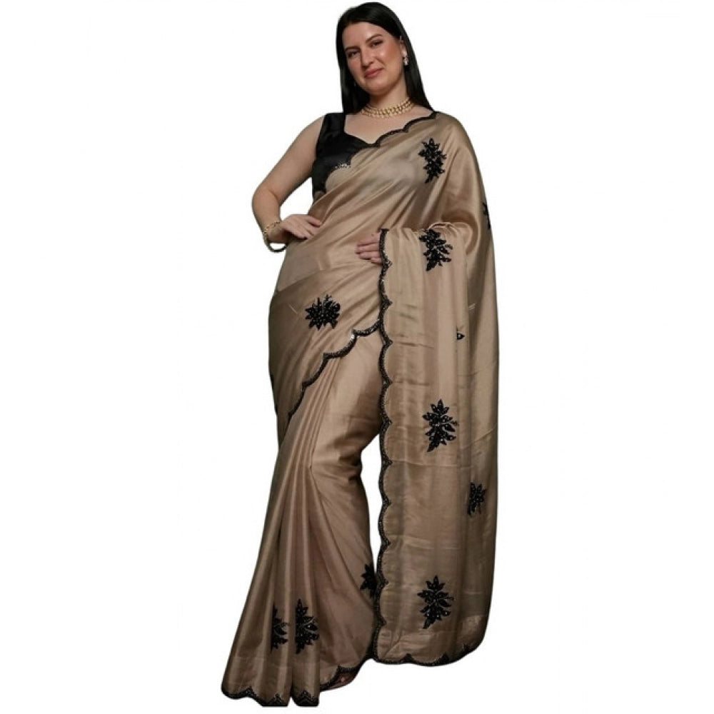 Women's Viscose Silk Embroidered Saree With Unstitched Blouse 5.5 Mtr (Beige)