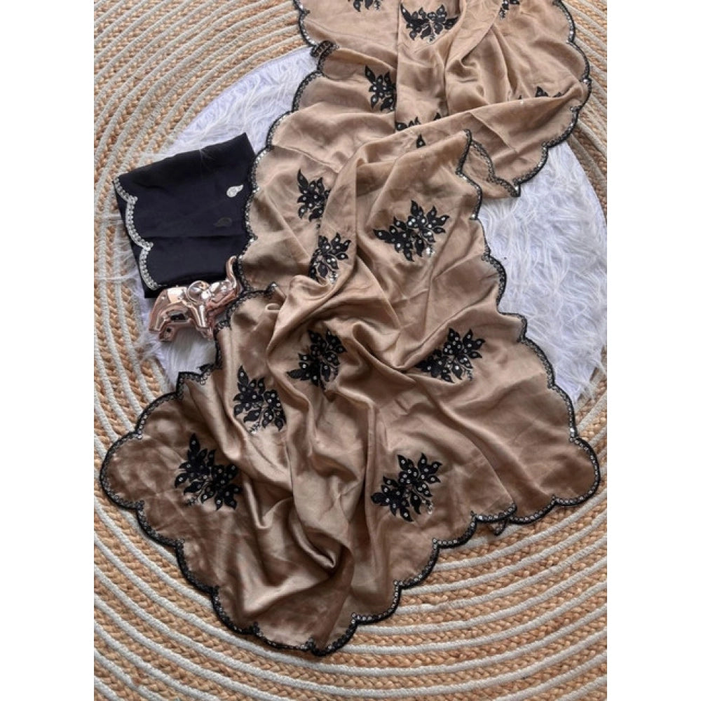 Women's Viscose Silk Embroidered Saree With Unstitched Blouse 5.5 Mtr (Beige)