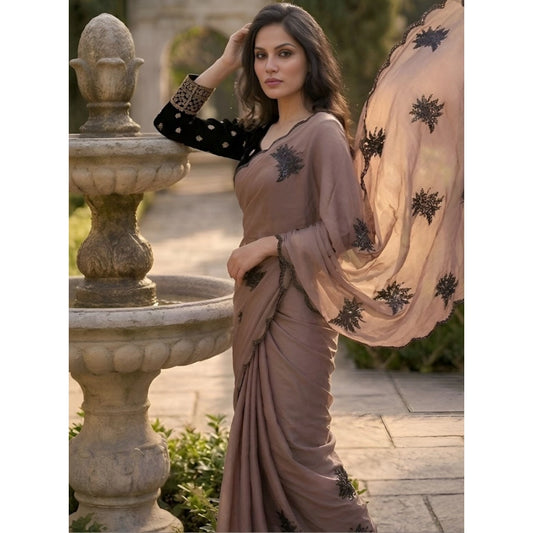 Women's Viscose Silk Embroidered Saree With Unstitched Blouse 5.5m (Brown)