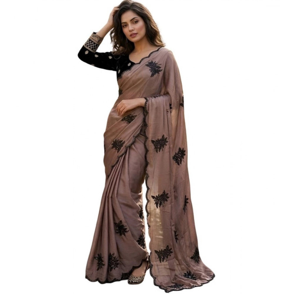 Women's Viscose Silk Embroidered Saree With Unstitched Blouse 5.5 Mtr (Brown)