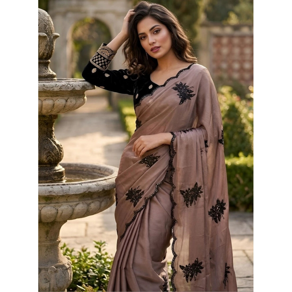 Women's Viscose Silk Embroidered Saree With Unstitched Blouse 5.5 Mtr (Brown)