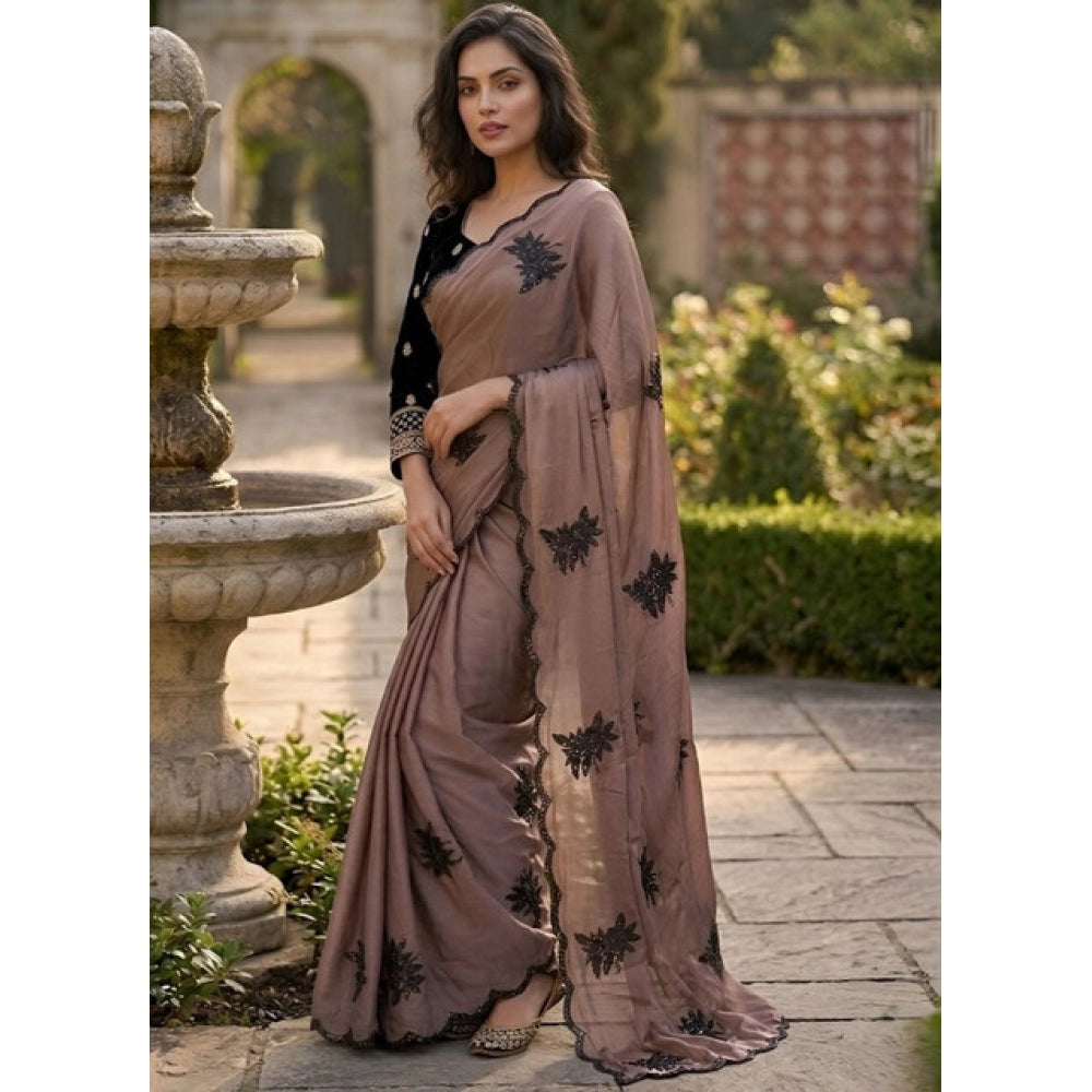 Women's Viscose Silk Embroidered Saree With Unstitched Blouse 5.5 Mtr (Brown)