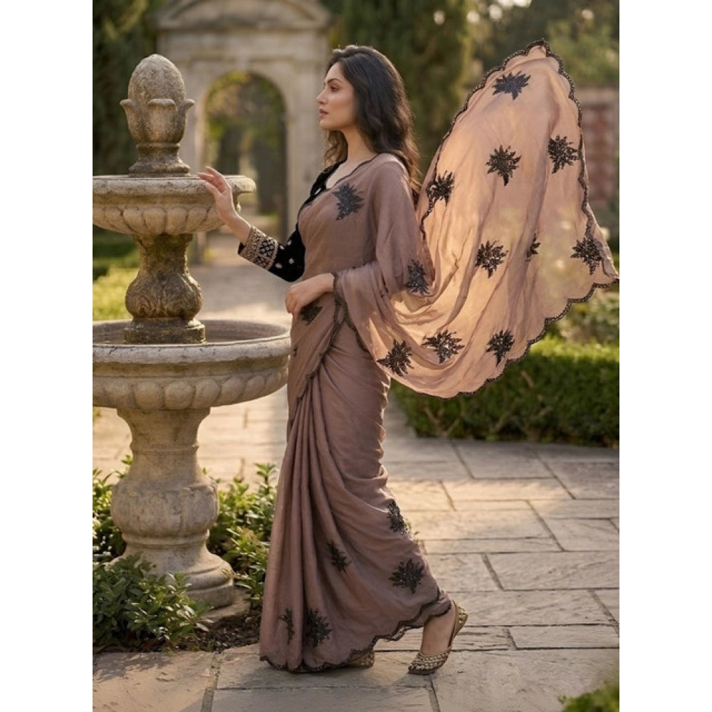 Women's Viscose Silk Embroidered Saree With Unstitched Blouse 5.5 Mtr (Brown)