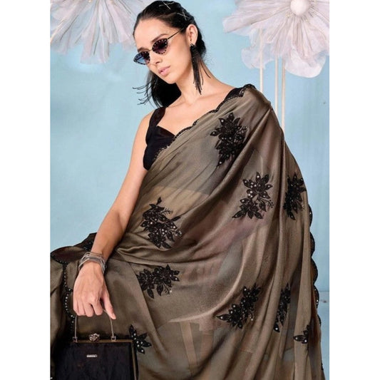 Women's Viscose Silk Embroidered Saree With Unstitched Blouse 5.5m (Beige)