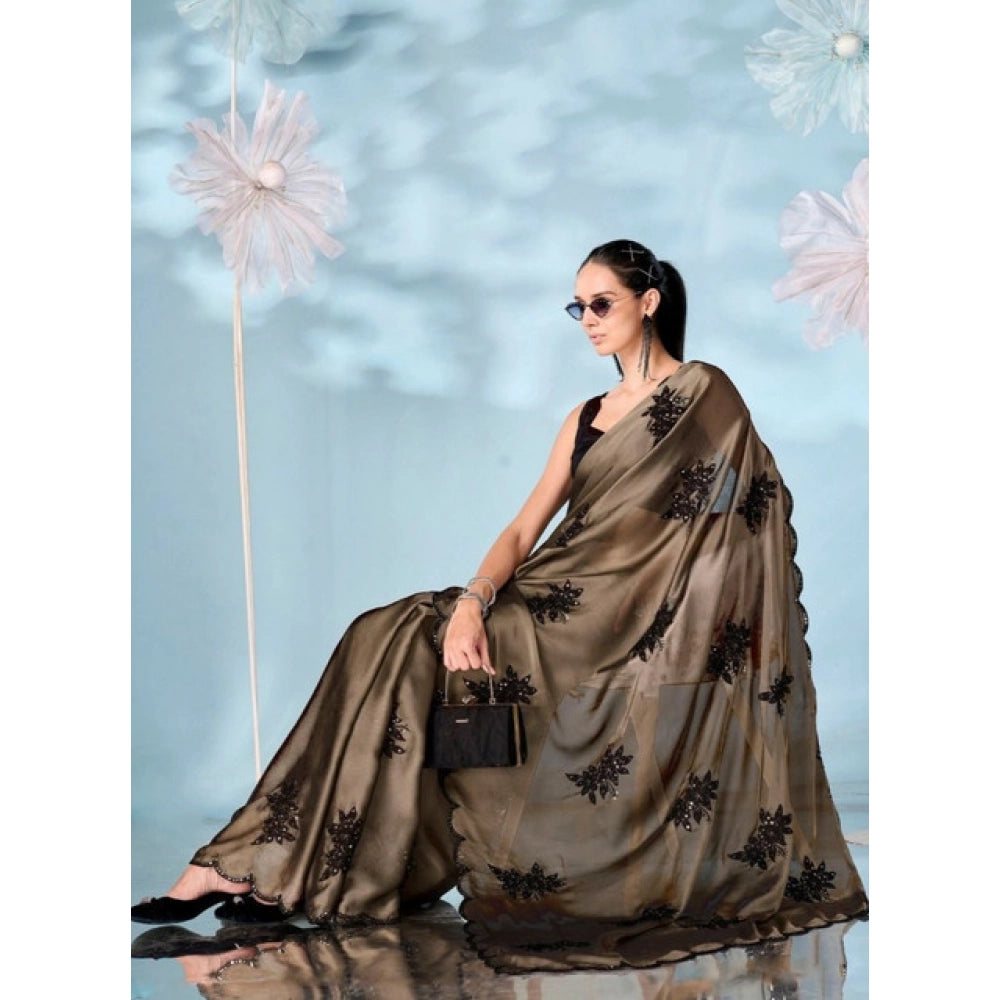 Women's Viscose Silk Embroidered Saree With Unstitched Blouse 5.5 Mtr (Beige)