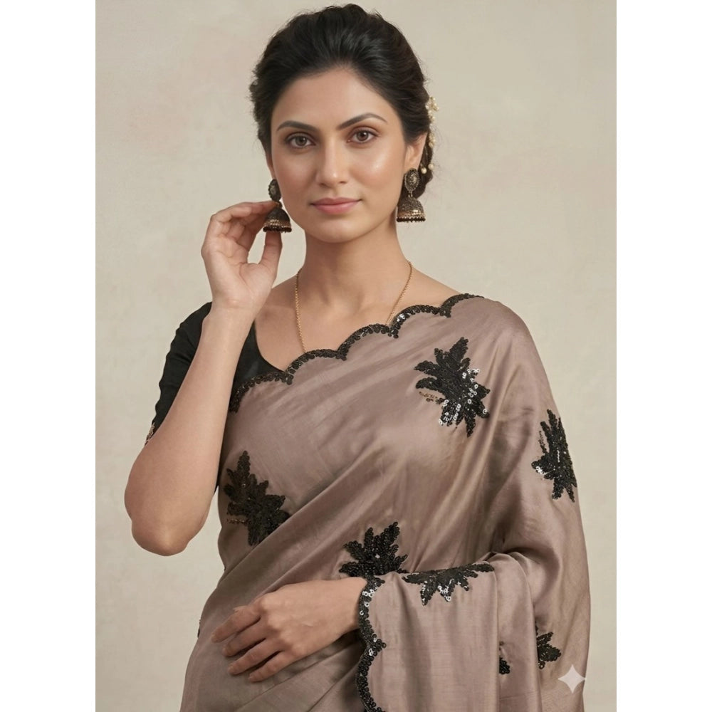 Women's Viscose Silk Embroidered Saree With Unstitched Blouse 5.5 Mtr (Beige)