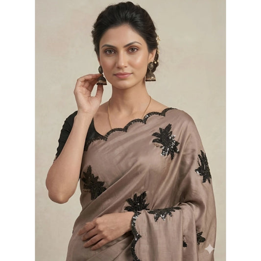 Women's Viscose Silk Embroidered Saree With Unstitched Blouse 5.5m (Beige)