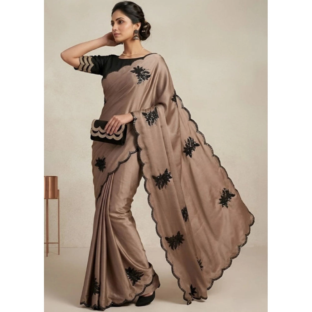 Women's Viscose Silk Embroidered Saree With Unstitched Blouse 5.5 Mtr (Beige)
