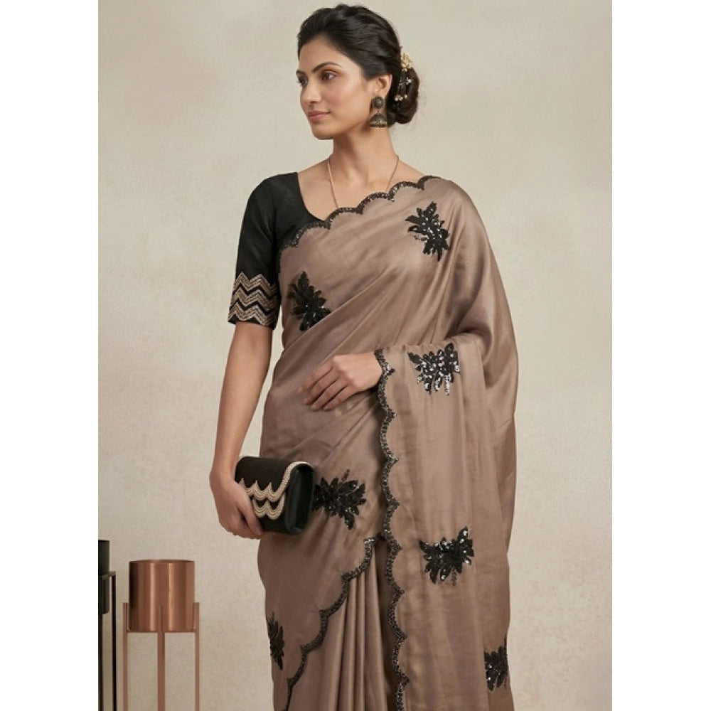 Women's Viscose Silk Embroidered Saree With Unstitched Blouse 5.5 Mtr (Beige)