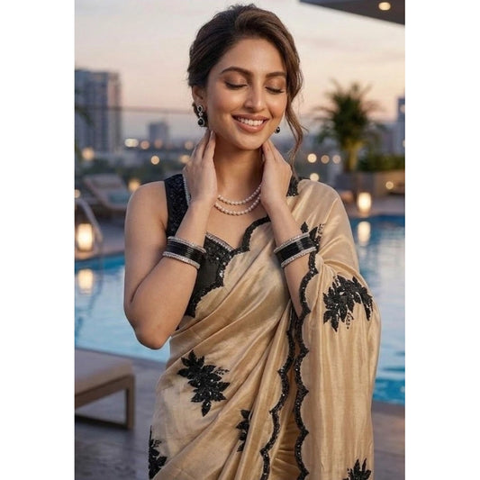 Women's Viscose Silk Embroidered Saree With Unstitched Blouse 5.5m (Beige)