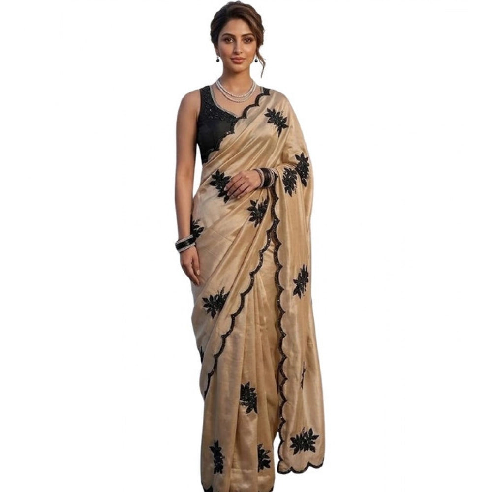 Women's Viscose Silk Embroidered Saree With Unstitched Blouse 5.5 Mtr (Beige)