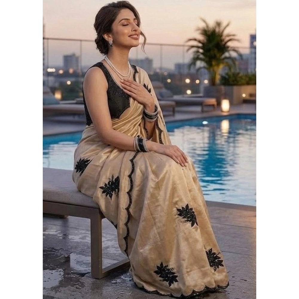 Women's Viscose Silk Embroidered Saree With Unstitched Blouse 5.5 Mtr (Beige)