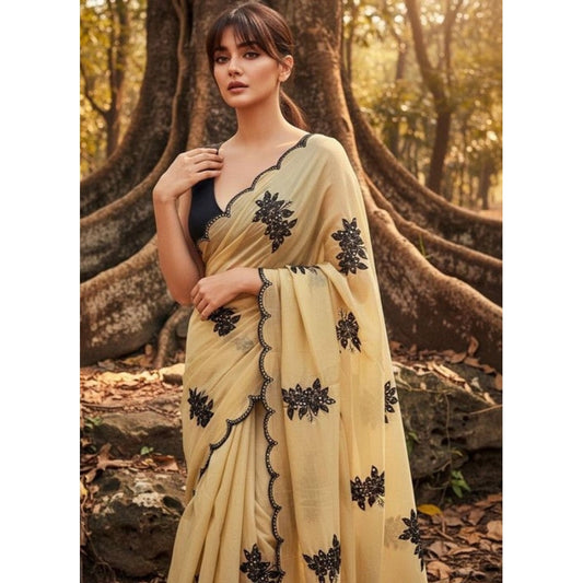 Women's Viscose Silk Embroidered Saree With Unstitched Blouse 5.5m (Beige)