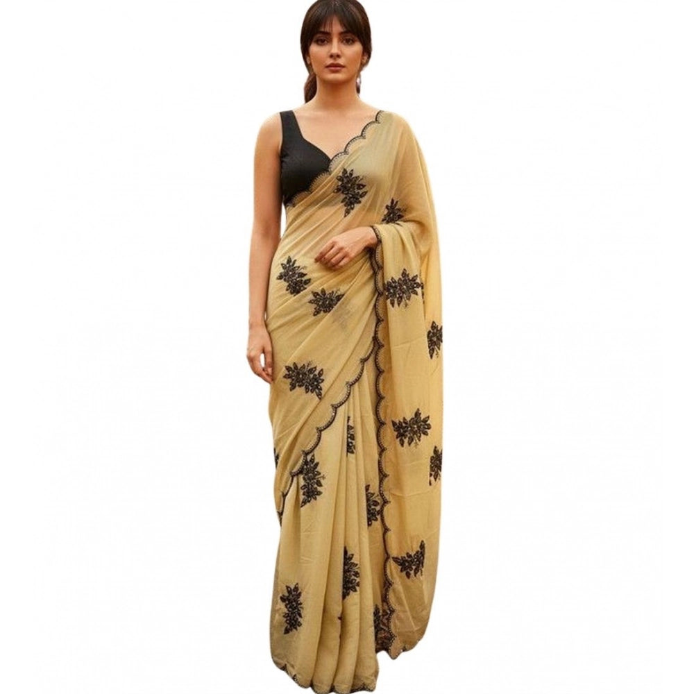 Women's Viscose Silk Embroidered Saree With Unstitched Blouse 5.5 Mtr (Beige)