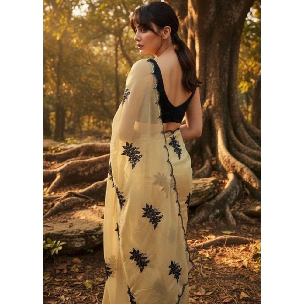 Women's Viscose Silk Embroidered Saree With Unstitched Blouse 5.5 Mtr (Beige)