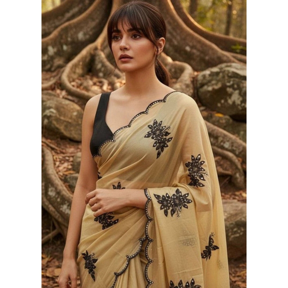 Women's Viscose Silk Embroidered Saree With Unstitched Blouse 5.5 Mtr (Beige)