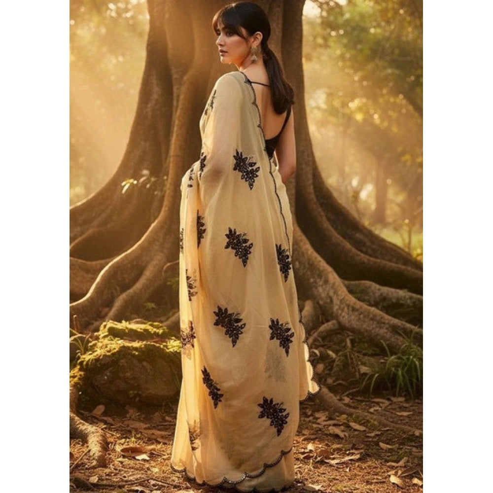 Women's Viscose Silk Embroidered Saree With Unstitched Blouse 5.5 Mtr (Beige)