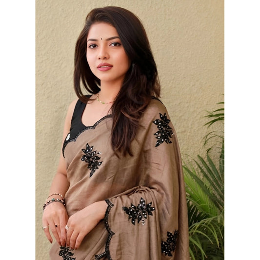 Women's Viscose Silk Embroidered Saree With Unstitched Blouse 5.5m (Brown)