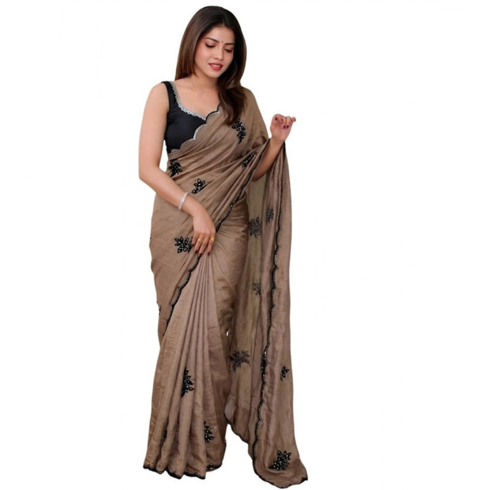 Women's Viscose Silk Embroidered Saree With Unstitched Blouse 5.5 Mtr (Brown)