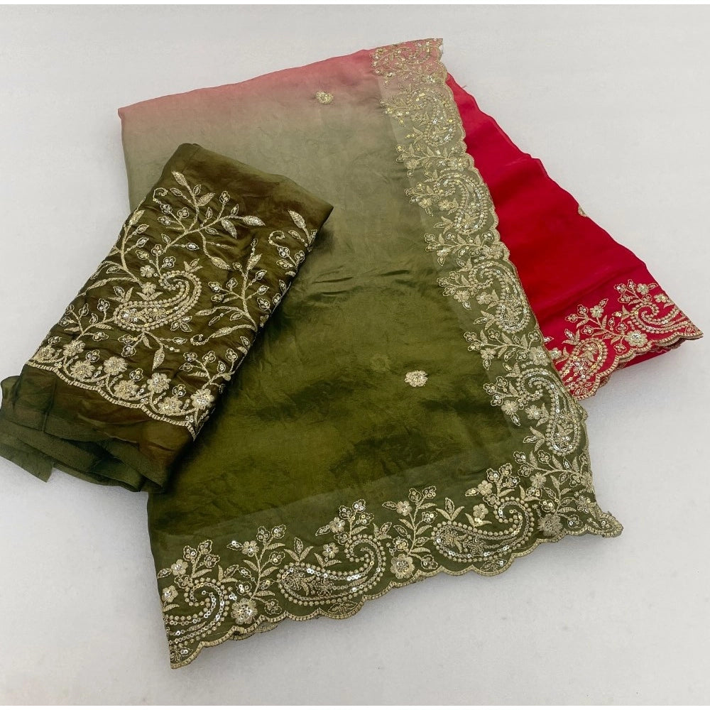 Women's Satin Embellished Saree With Unstitched Blouse 5.5 Mtr (Multicolor)