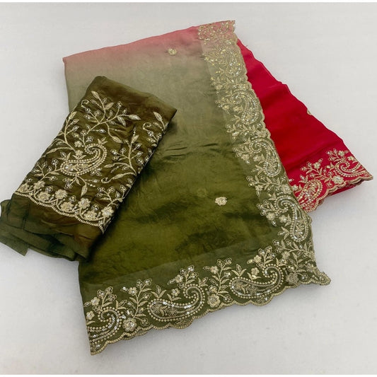 Women's Satin Embellished Saree With Unstitched Blouse 5.5m (Multicolor)