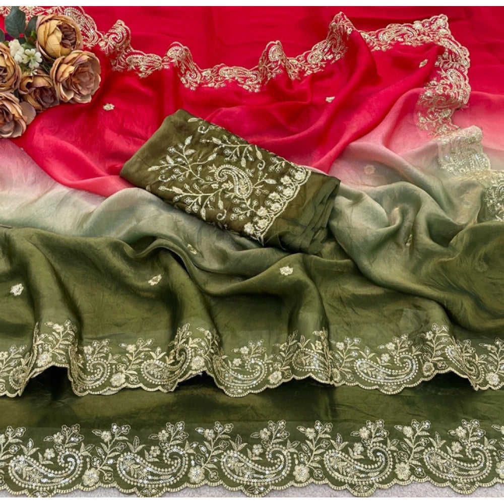 Women's Satin Embellished Saree With Unstitched Blouse 5.5 Mtr (Multicolor)
