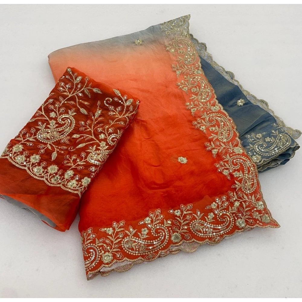 Women's Satin Embellished Saree With Unstitched Blouse 5.5 Mtr (Multicolor)