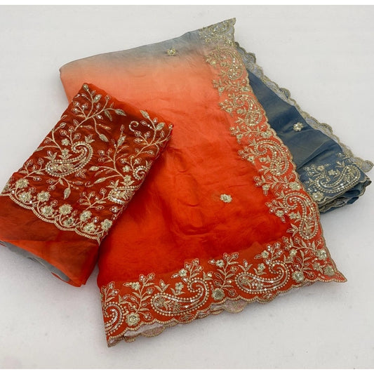 Women's Satin Embellished Saree With Unstitched Blouse 5.5m (Multicolor)