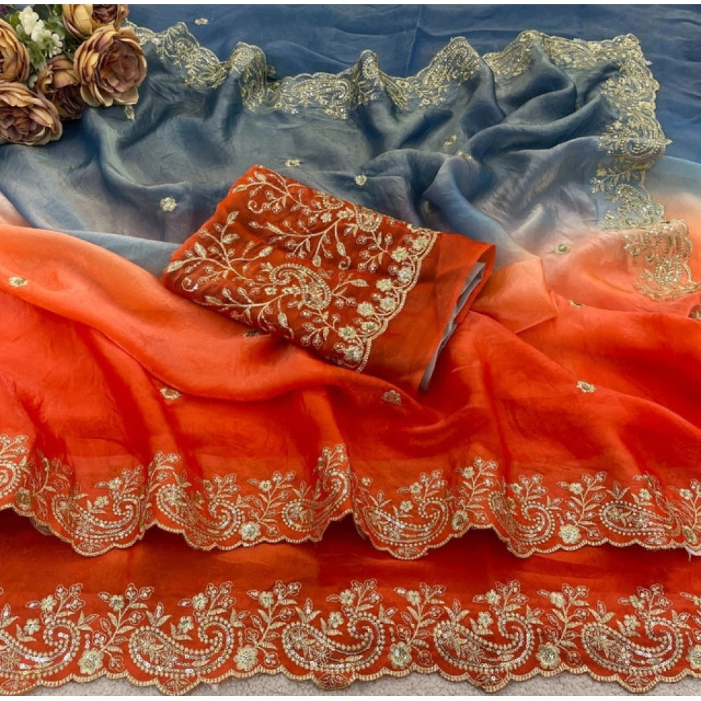 Women's Satin Embellished Saree With Unstitched Blouse 5.5 Mtr (Multicolor)