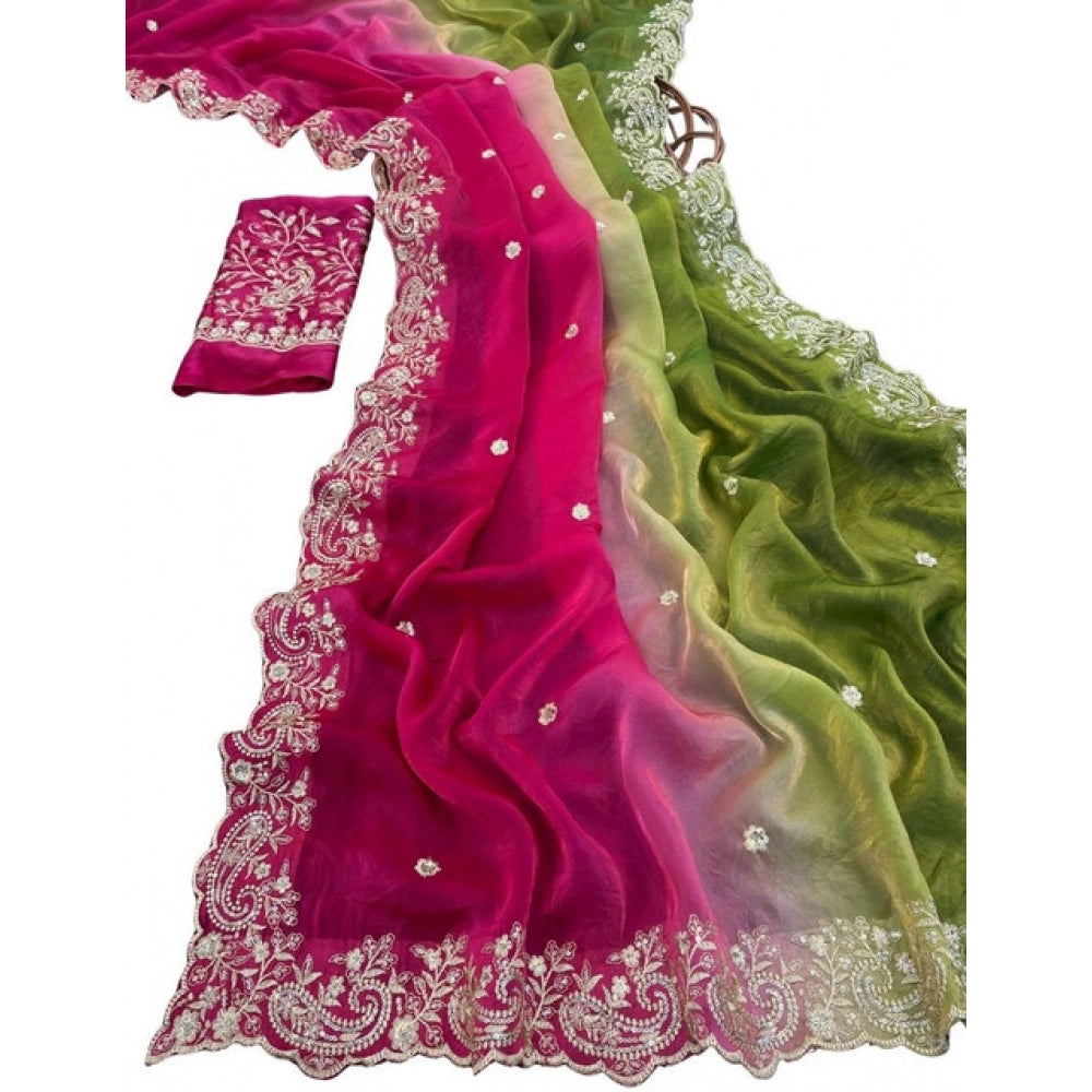 Women's Satin Embellished Saree With Unstitched Blouse 5.5 Mtr (Multicolor)