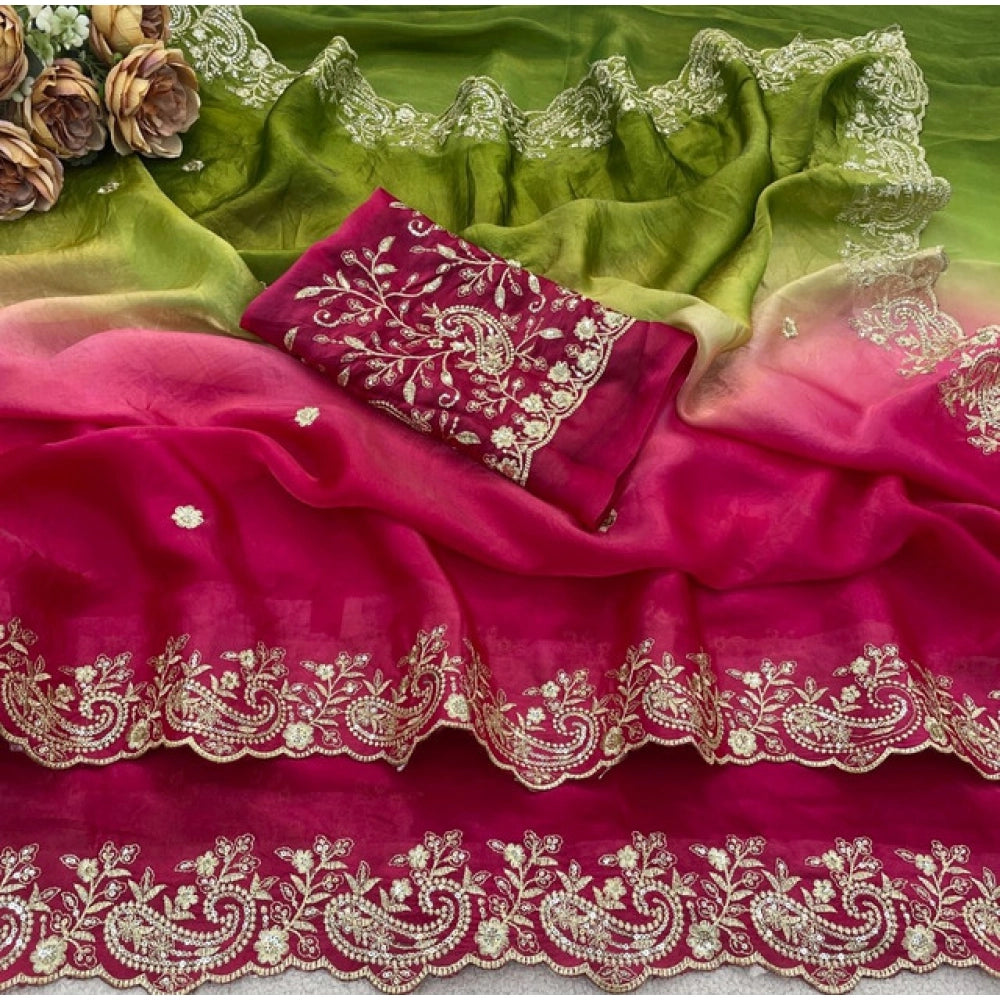 Women's Satin Embellished Saree With Unstitched Blouse 5.5 Mtr (Multicolor)