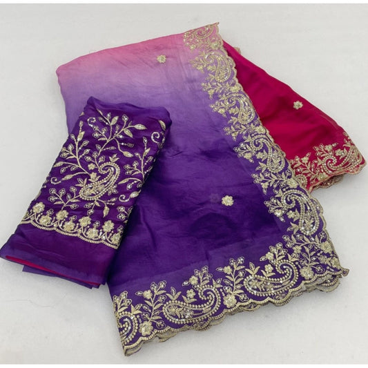Women's Satin Embellished Saree With Unstitched Blouse 5.5m (Multicolor)