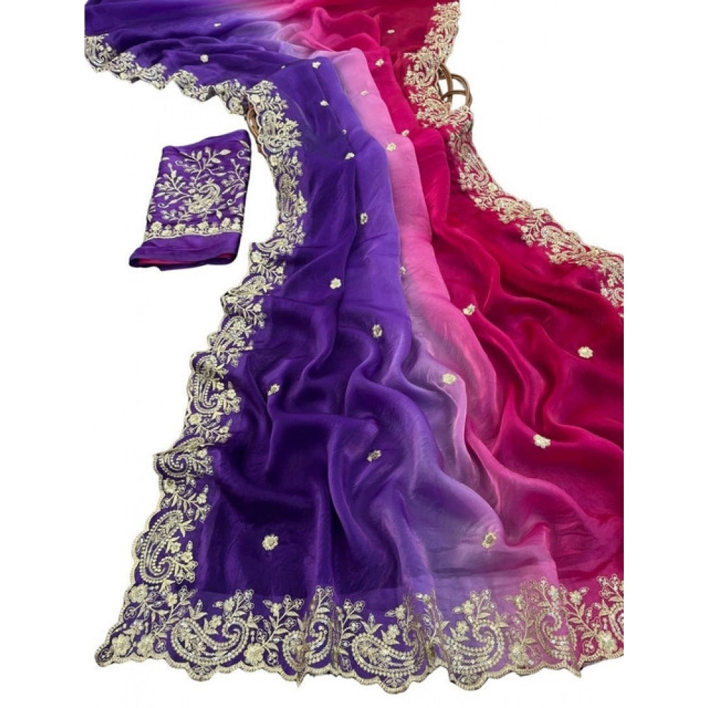 Women's Satin Embellished Saree With Unstitched Blouse 5.5 Mtr (Multicolor)