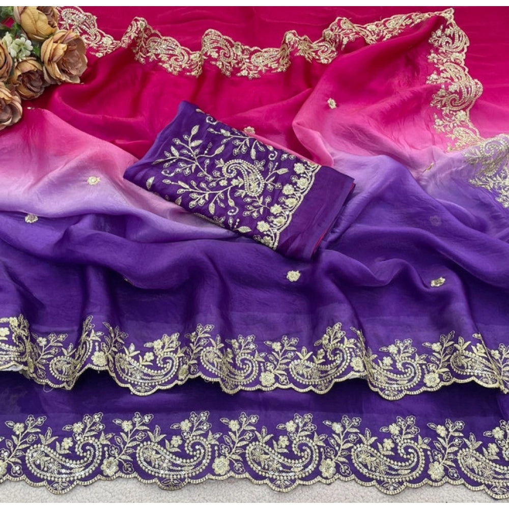 Women's Satin Embellished Saree With Unstitched Blouse 5.5 Mtr (Multicolor)