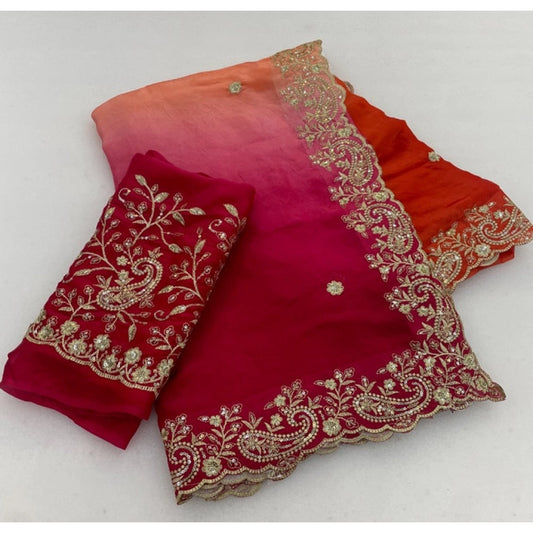 Women's Satin Embellished Saree With Unstitched Blouse 5.5m (Multicolor)