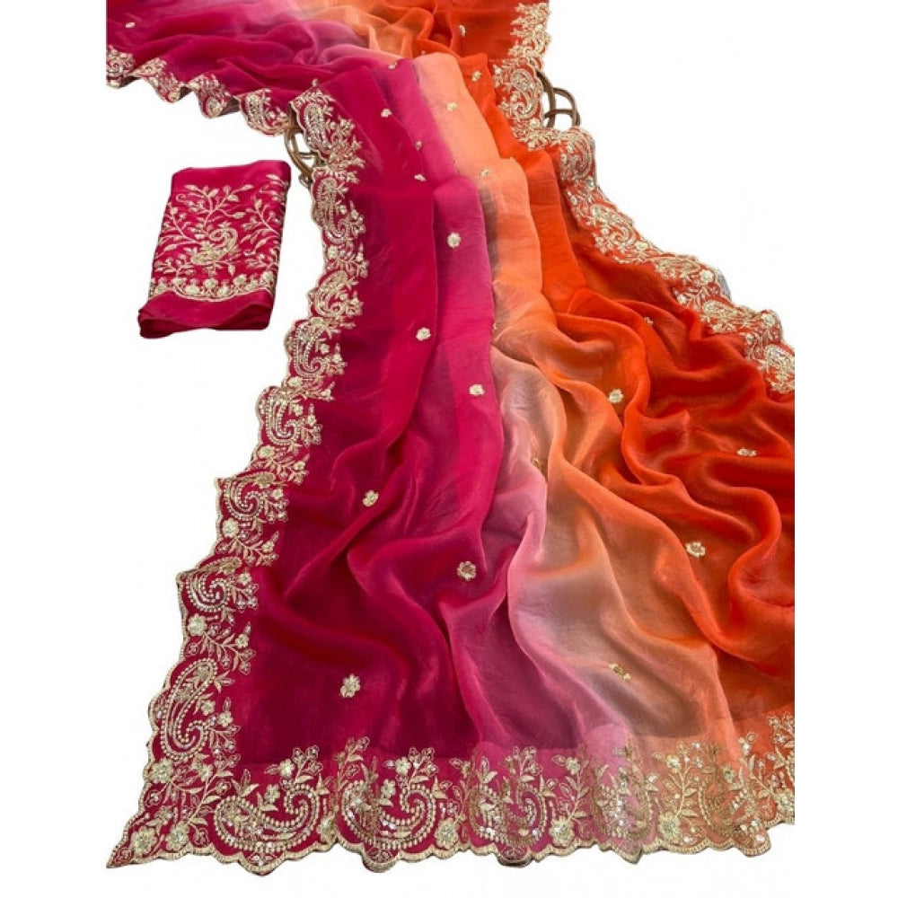 Women's Satin Embellished Saree With Unstitched Blouse 5.5 Mtr (Multicolor)