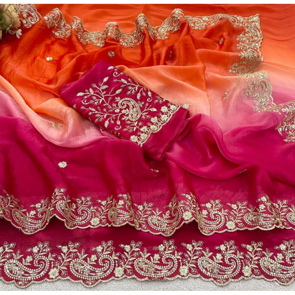 Women's Satin Embellished Saree With Unstitched Blouse 5.5 Mtr (Multicolor)