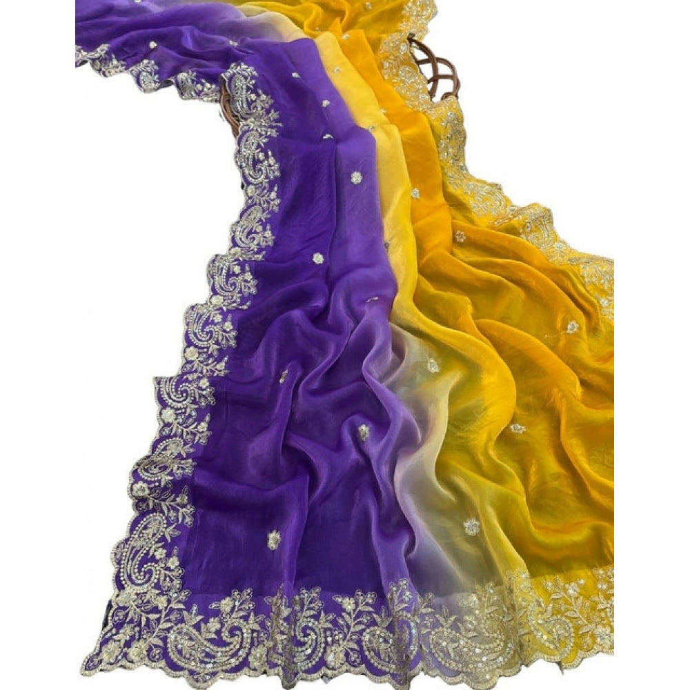 Women's Satin Embellished Saree With Unstitched Blouse 5.5 Mtr (Multicolor)