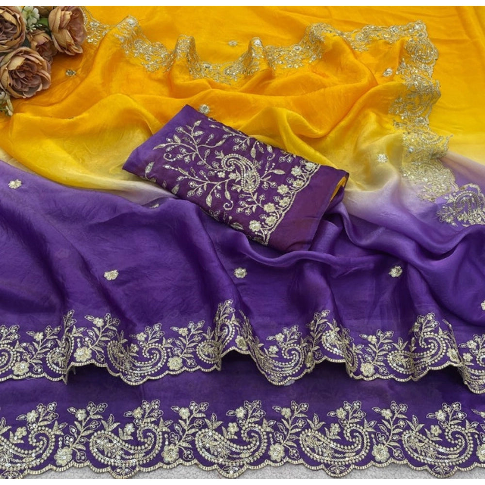 Women's Satin Embellished Saree With Unstitched Blouse 5.5 Mtr (Multicolor)