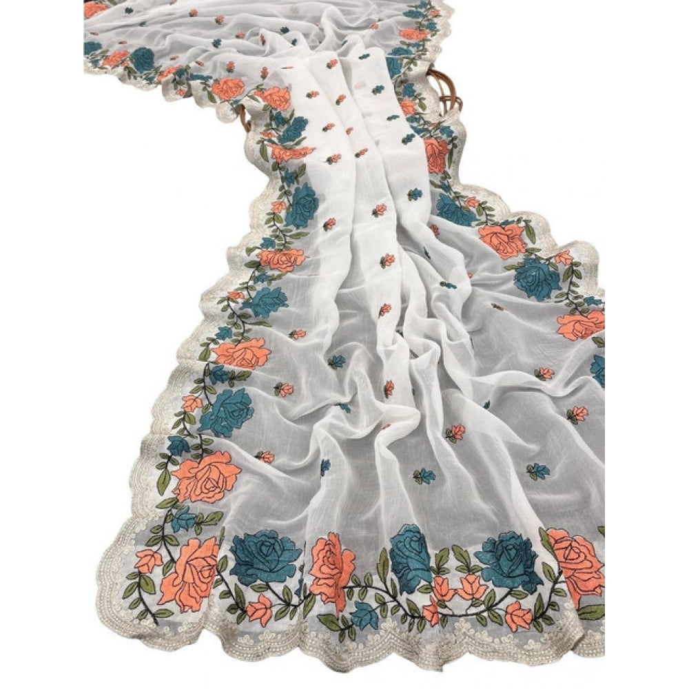 Women's Chiffon Embroidered Saree With Unstitched Blouse 5.5 Mtr (White)