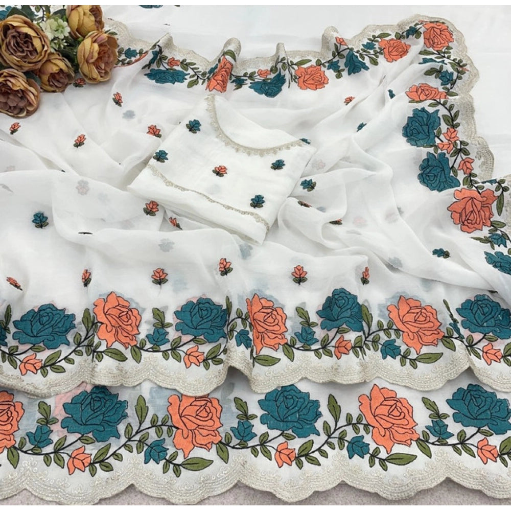Women's Chiffon Embroidered Saree With Unstitched Blouse 5.5 Mtr (White)