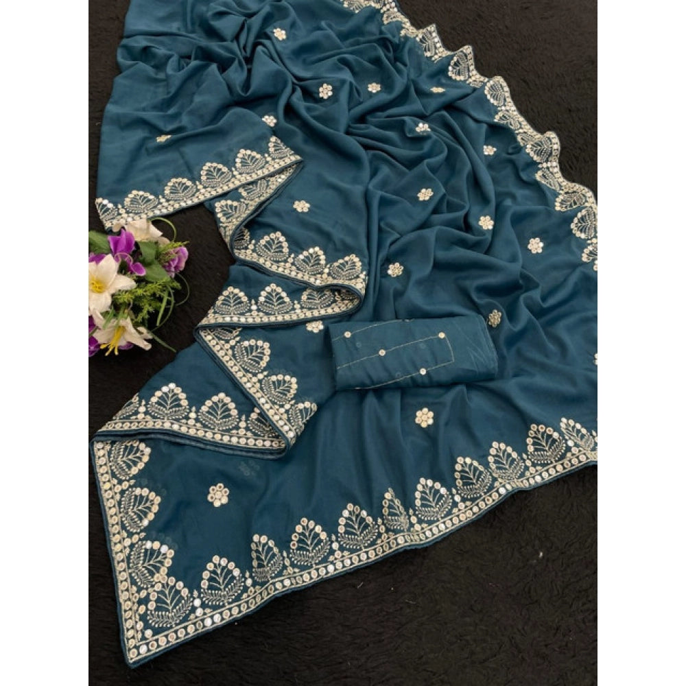 Women's Georgette Embellished Saree With Unstitched Blouse 5.5 Mtr (Blue)